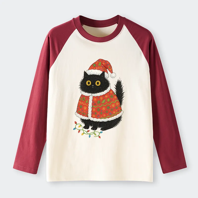 Tokyo-Tiger Cat Wearing Santa Hat Raglan Long Sleeve T-shirt