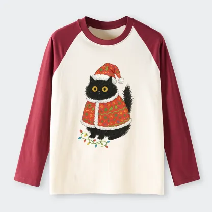 Tokyo-Tiger Cat Wearing Santa Hat Raglan Long Sleeve T-shirt