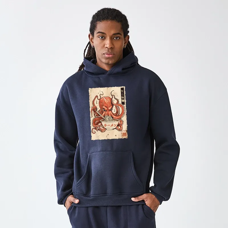 Tokyo-Tiger Retro Octopus Eating Ramen Aldult Fleece Hoodie
