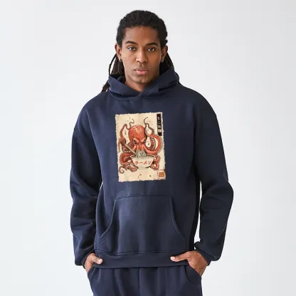 Tokyo-Tiger Retro Octopus Eating Ramen Aldult Fleece Hoodie