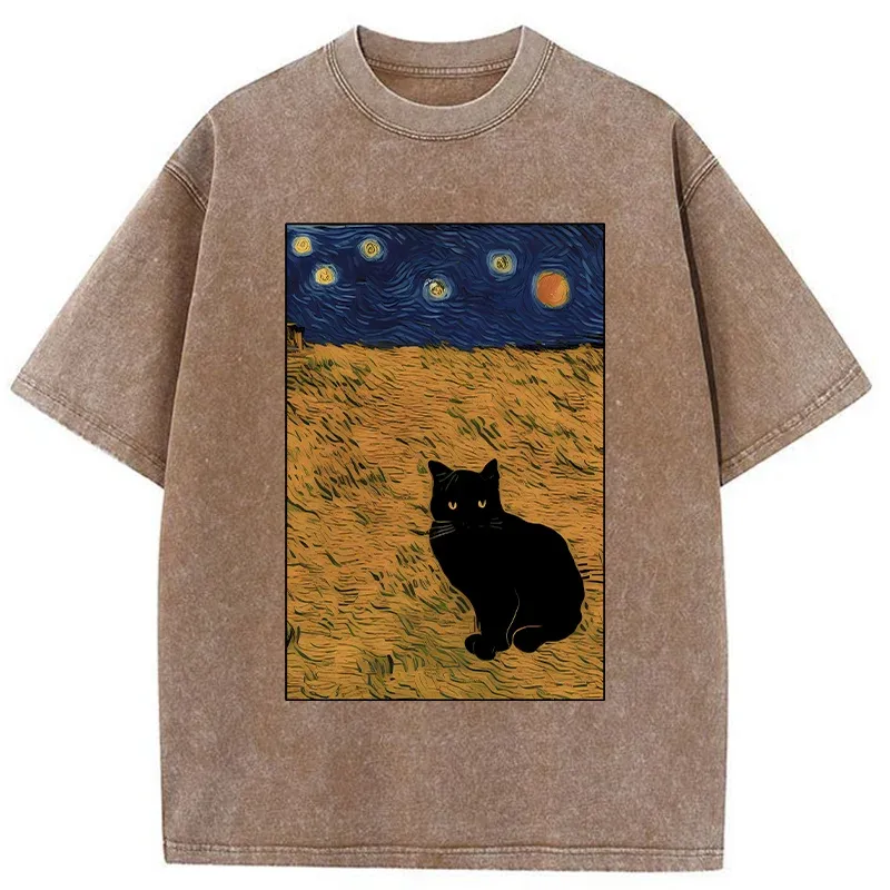 Tokyo-Tiger Cat In The Field Under Starry Sky Washed T-Shirt