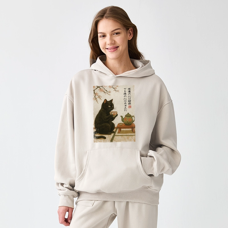 Tokyo-Tiger Tea Time With A Black Cat Aldult Fleece Hoodie