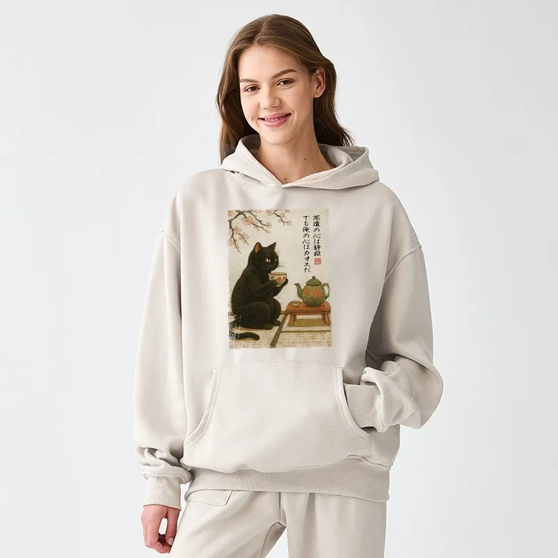 Tokyo-Tiger Tea Time With A Black Cat Aldult Fleece Hoodie