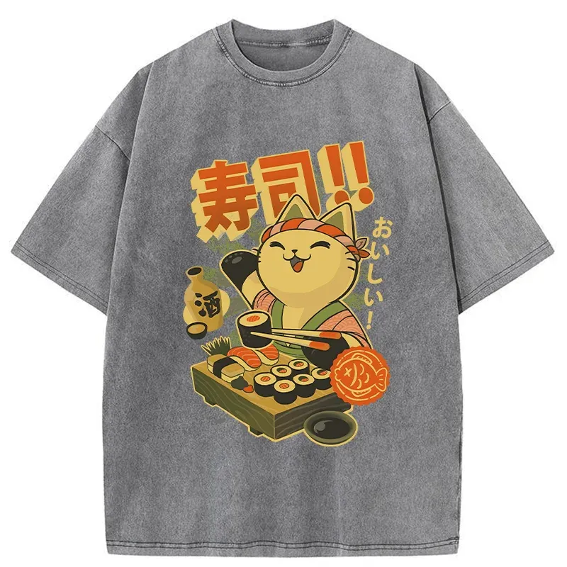 Tokyo-Tiger Cat Chef Special Sushi Washed T-Shirt