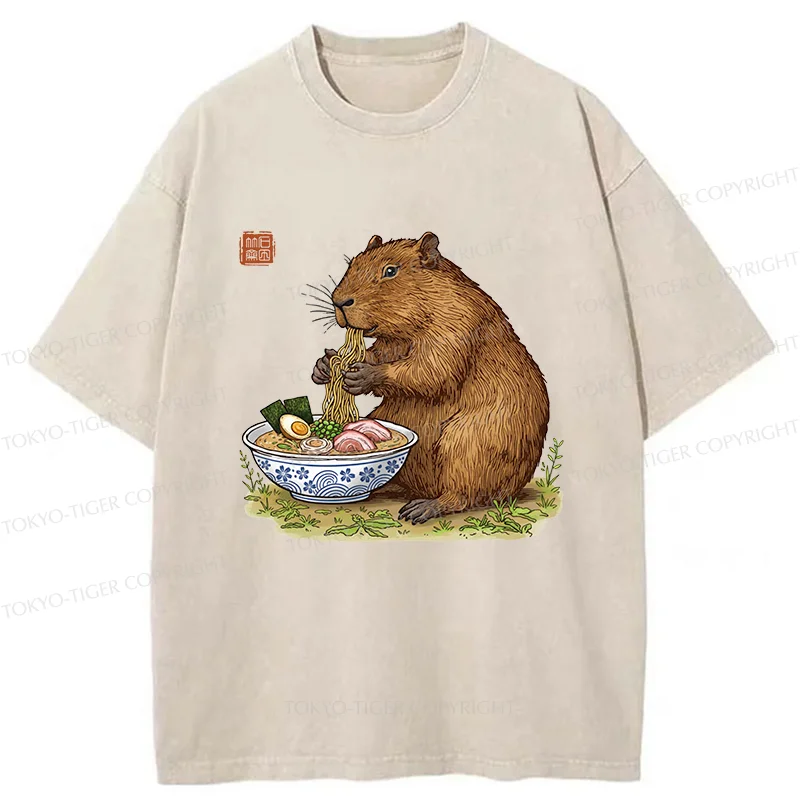 Tokyo-Tiger Capybara Eating Delicious Ramen Washed T-Shirt