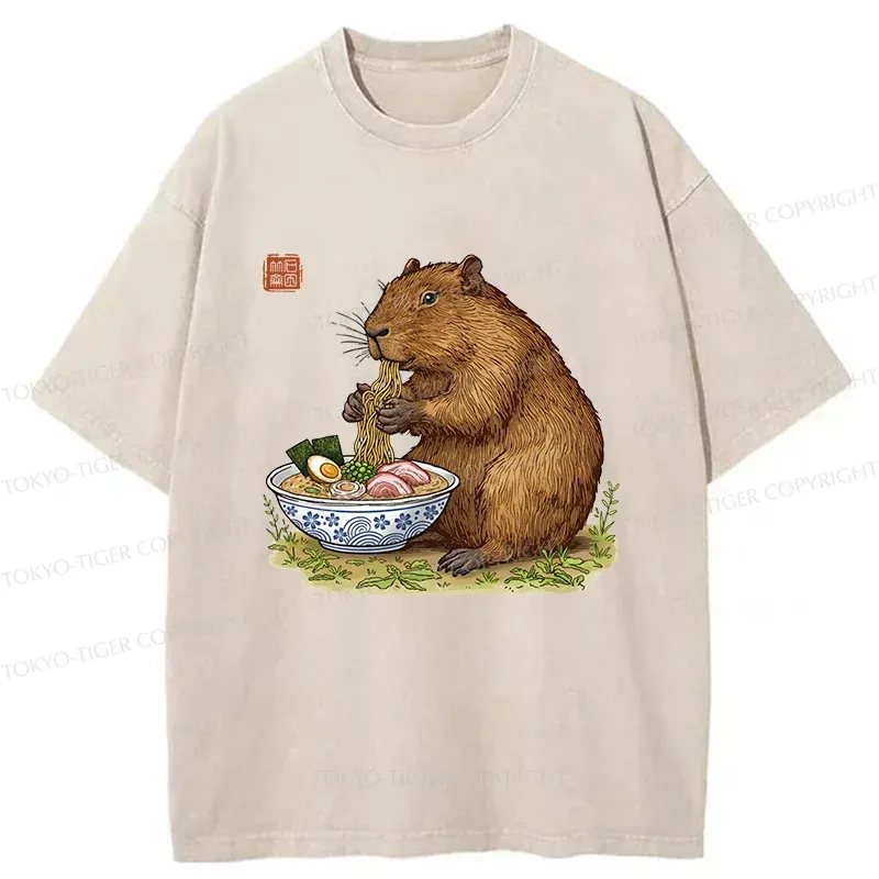 Tokyo-Tiger Capybara Eating Delicious Ramen Washed T-Shirt