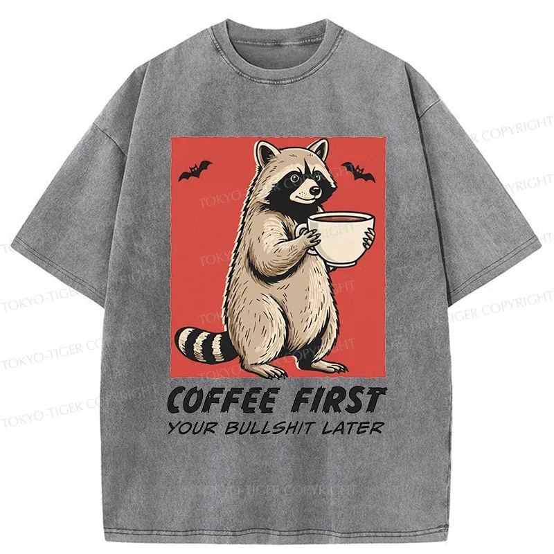 Tokyo-Tiger Raccoon Drinking Coffee Washed T-Shirt