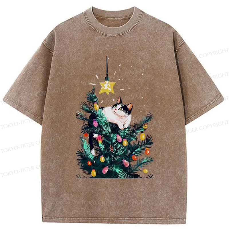 Tokyo-Tiger Cute Christmas Cat Washed T-Shirt