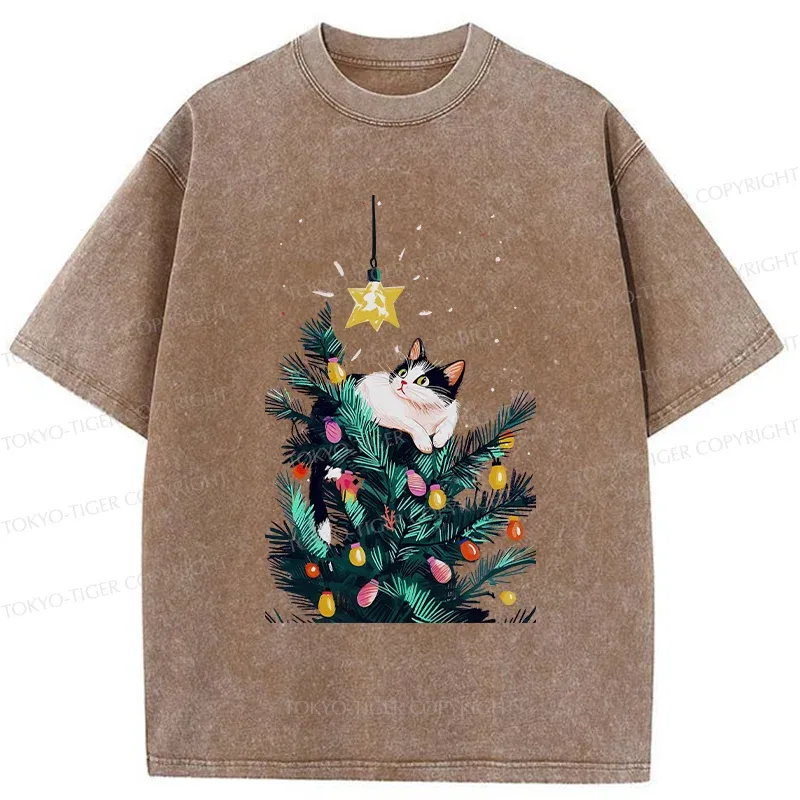 Tokyo-Tiger Cute Christmas Cat Washed T-Shirt