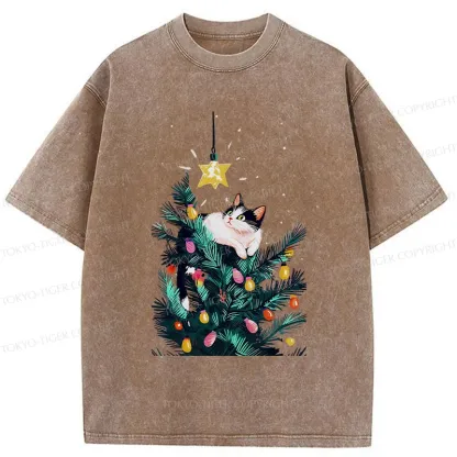 Tokyo-Tiger Cute Christmas Cat Washed T-Shirt