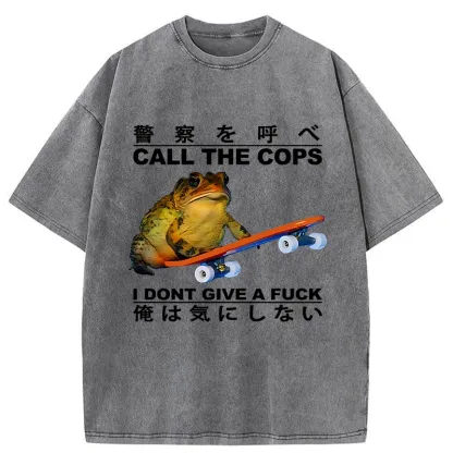 Tokyo-Tiger Funny Frog On Skateboard Washed T-Shirt