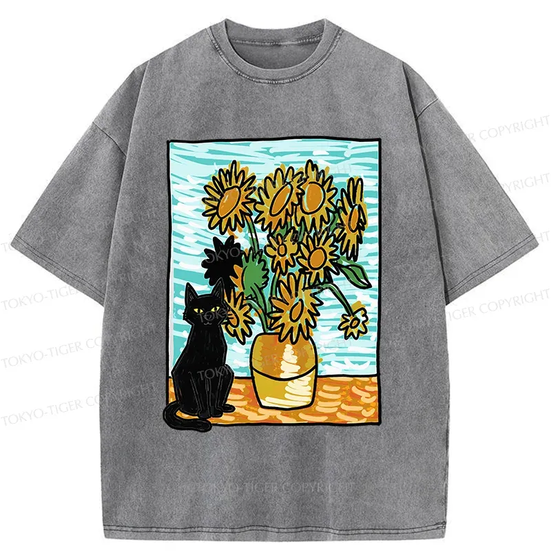 Tokyo-Tiger Black Cat And Sunflower Washed T-Shirt