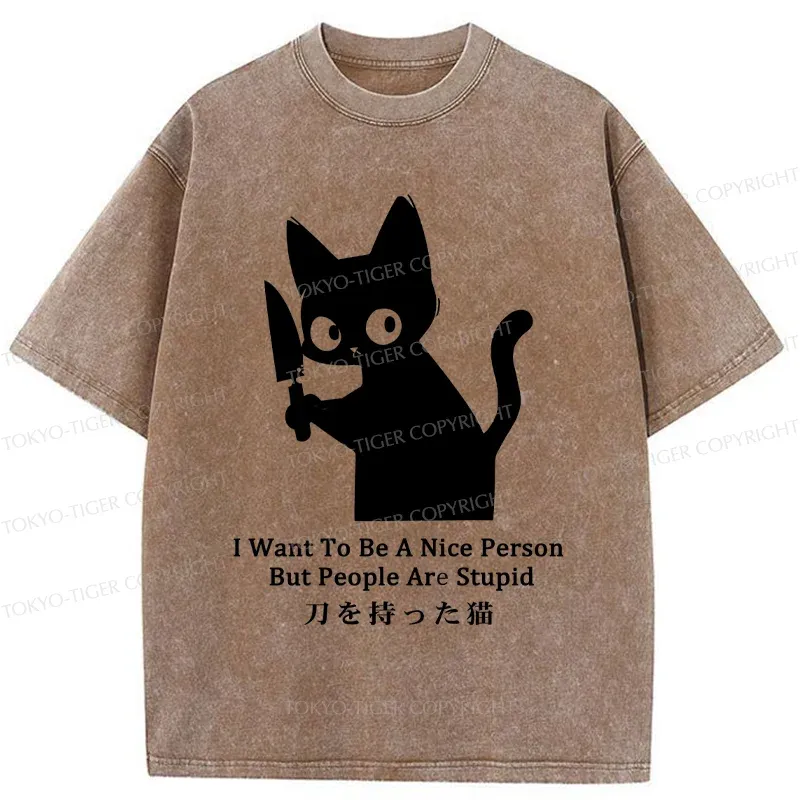 Tokyo-Tiger Black Cat With A Knife Washed T-Shirt
