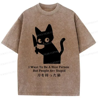 Tokyo-Tiger Black Cat With A Knife Washed T-Shirt