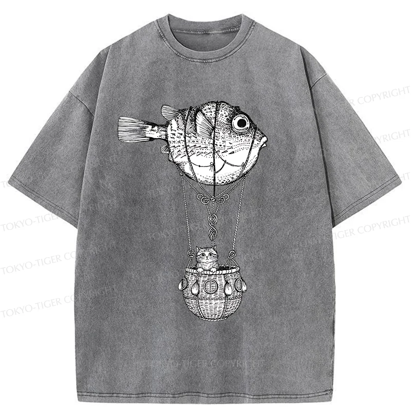 Tokyo-Tiger Pufferfish Motorboat Washed T-Shirt