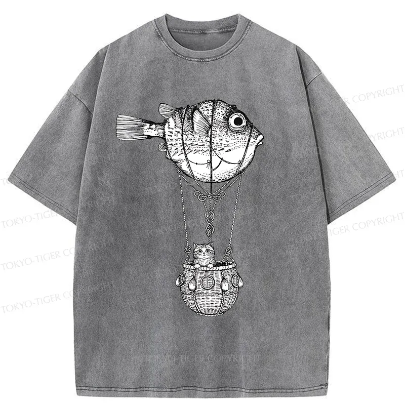 Tokyo-Tiger Pufferfish Motorboat Washed T-Shirt