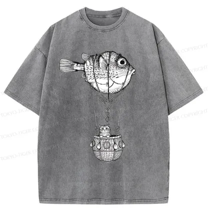 Tokyo-Tiger Pufferfish Motorboat Washed T-Shirt