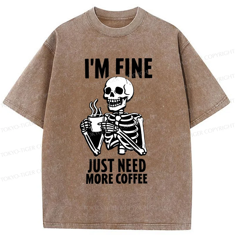 Tokyo-Tiger Skeleton Drinking Coffee Washed T-Shirt