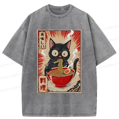 Tokyo-Tiger Black Cat Eating Ramen Comic Washed T-Shirt