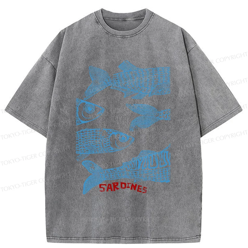 Tokyo-Tiger Sardine Woodcut Washed T-Shirt
