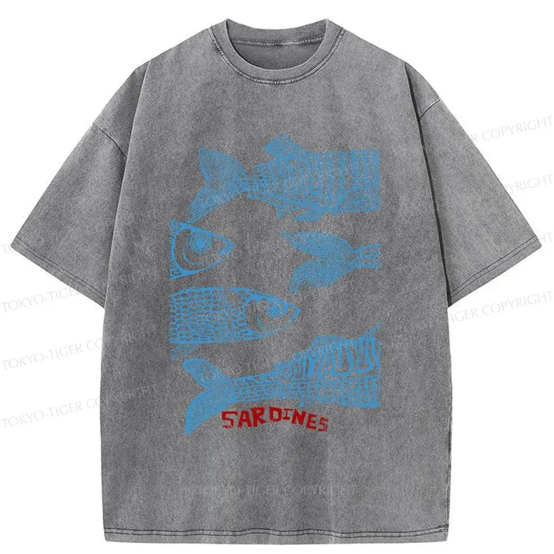 Tokyo-Tiger Sardine Woodcut Washed T-Shirt