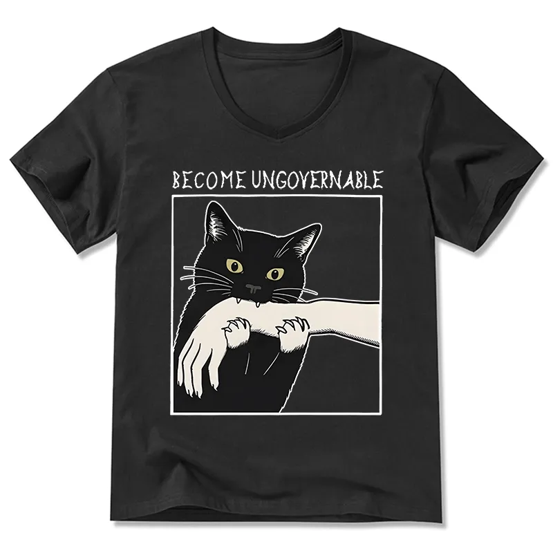 Tokyo-Tiger Black Cat Biting V-Neck Classic T-Shirt