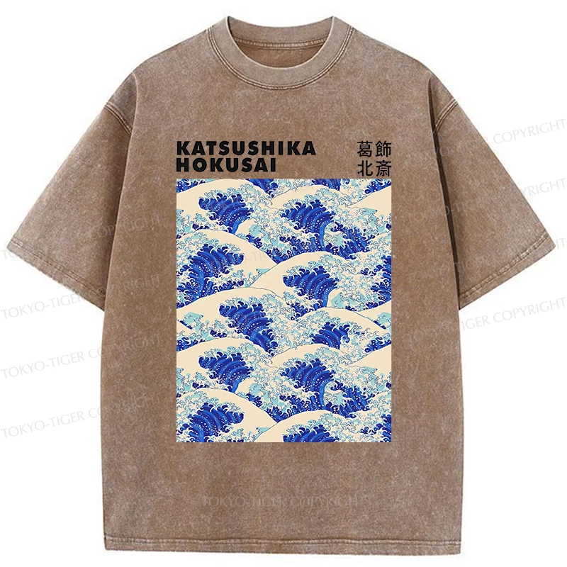Tokyo-Tiger Ukiyo-e Wave Poster Washed T-Shirt