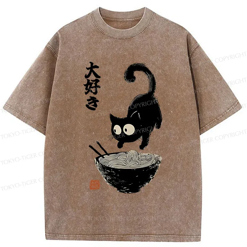 Tokyo-Tiger Retro Cat Eats Delicious Ramen Washed T-Shirt