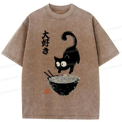 Tokyo-Tiger Retro Cat Eats Delicious Ramen Washed T-Shirt