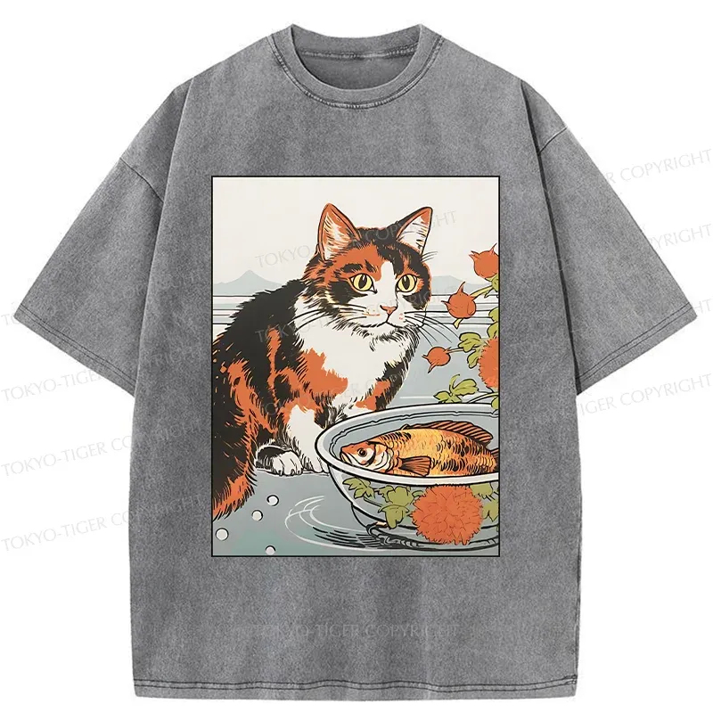 Tokyo-Tiger Cat Watching Koi Washed T-Shirt