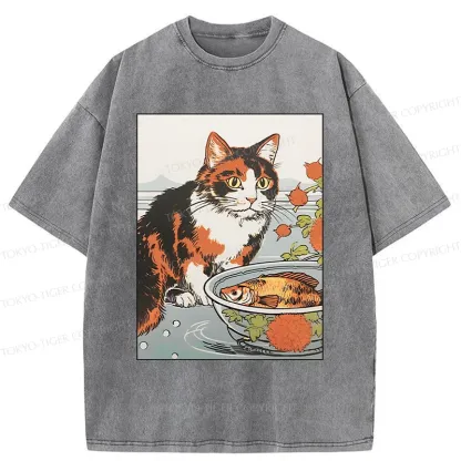 Tokyo-Tiger Cat Watching Koi Washed T-Shirt