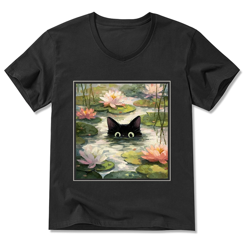 Tokyo-Tiger Black Cat and Lotus Flower V-Neck Classic T-Shirt