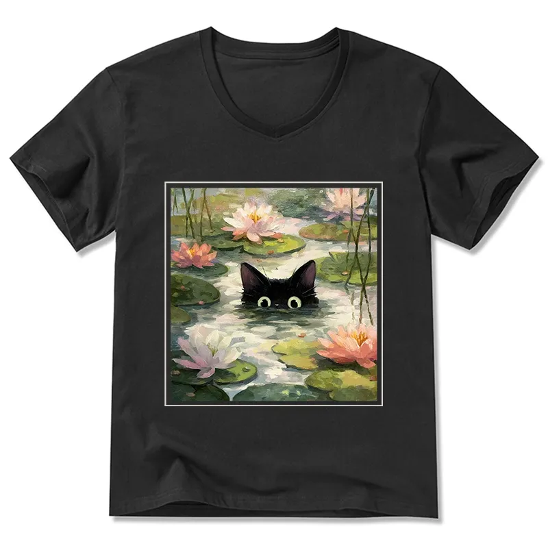 Tokyo-Tiger Black Cat and Lotus Flower V-Neck Classic T-Shirt
