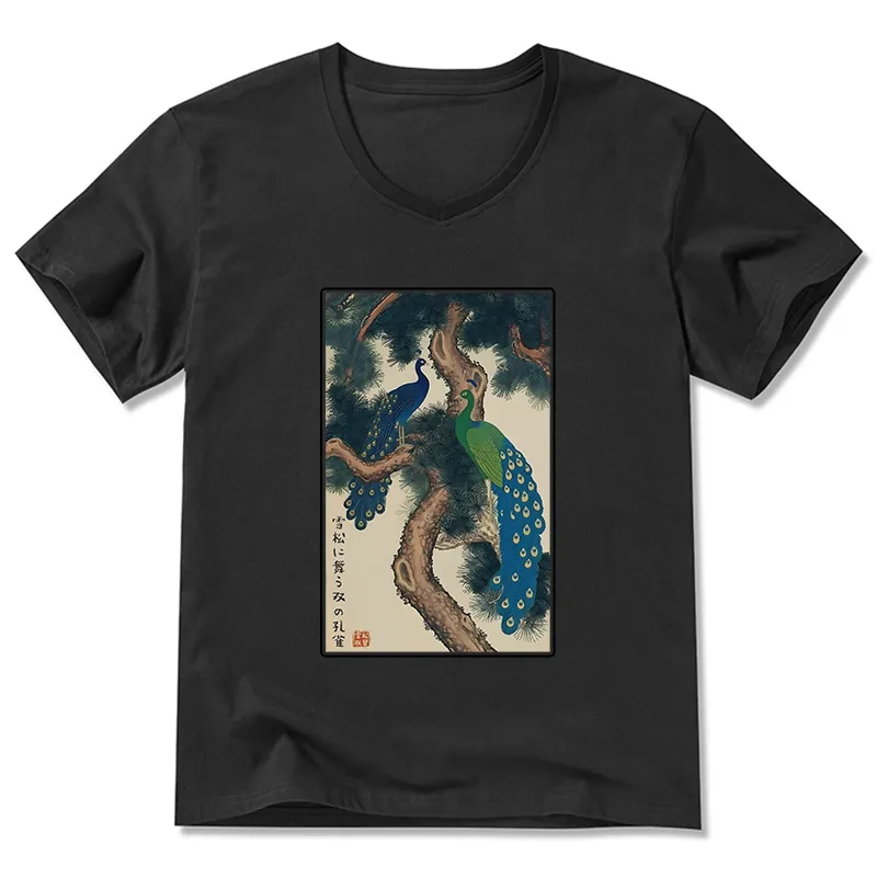 Tokyo-Tiger Peacocks in Snowy Pines V-Neck Classic T-Shirt