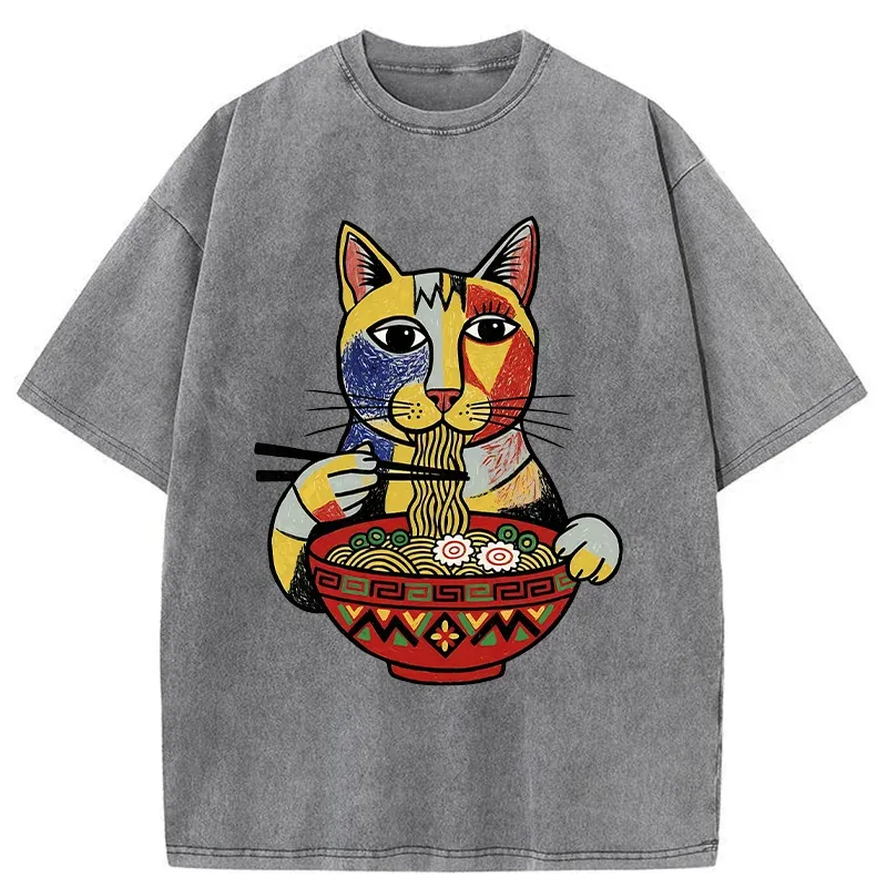 Tokyo-Tiger Abstract Cat Eating Ramen Washed T-Shirt