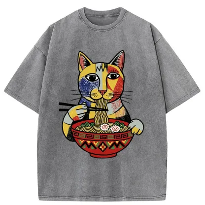 Tokyo-Tiger Abstract Cat Eating Ramen Washed T-Shirt