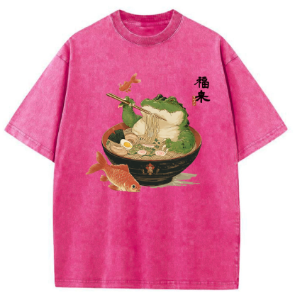 Tokyo-Tiger Fat Crocodile Eating Ramen Washed T-Shirt