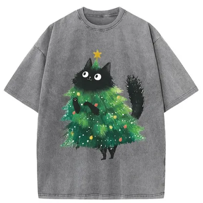 Tokyo-Tiger Christmas Tree Cat Washed T-Shirt