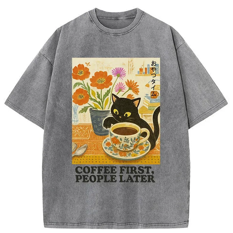 Tokyo-Tiger Kitten Drinks Coffee First Washed T-Shirt