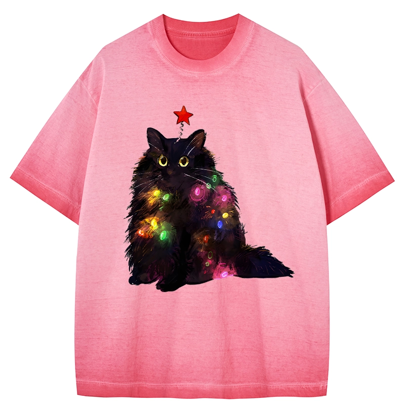 Tokyo-Tiger Christmas Lights Cat Gradient Washed T-Shirt