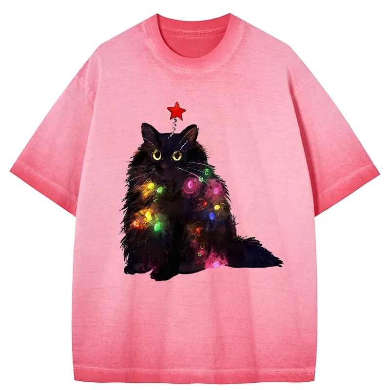 Tokyo-Tiger Christmas Lights Cat Gradient Washed T-Shirt