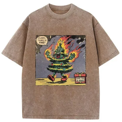Tokyo-Tiger Christmas Tree On Fire Washed T-Shirt