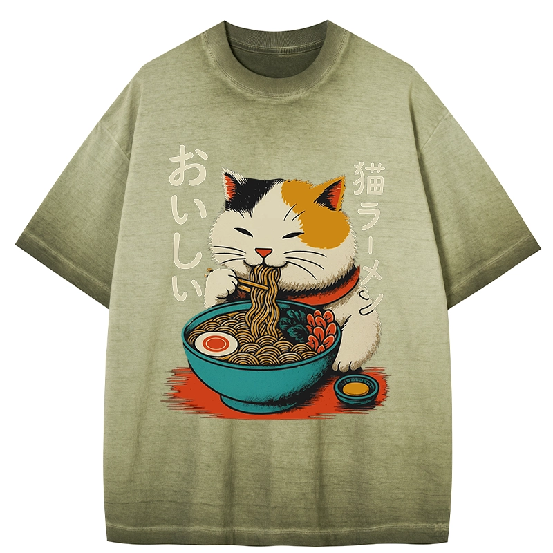 Tokyo-Tiger Cute Eat Eating Japanese Ramen Gradient Washed T-Shirt