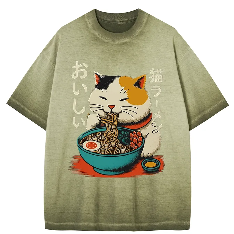 Tokyo-Tiger Cute Eat Eating Japanese Ramen Gradient Washed T-Shirt