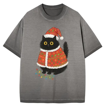 Tokyo-Tiger Cat Wearing Santa Hat Gradient Washed T-Shirt