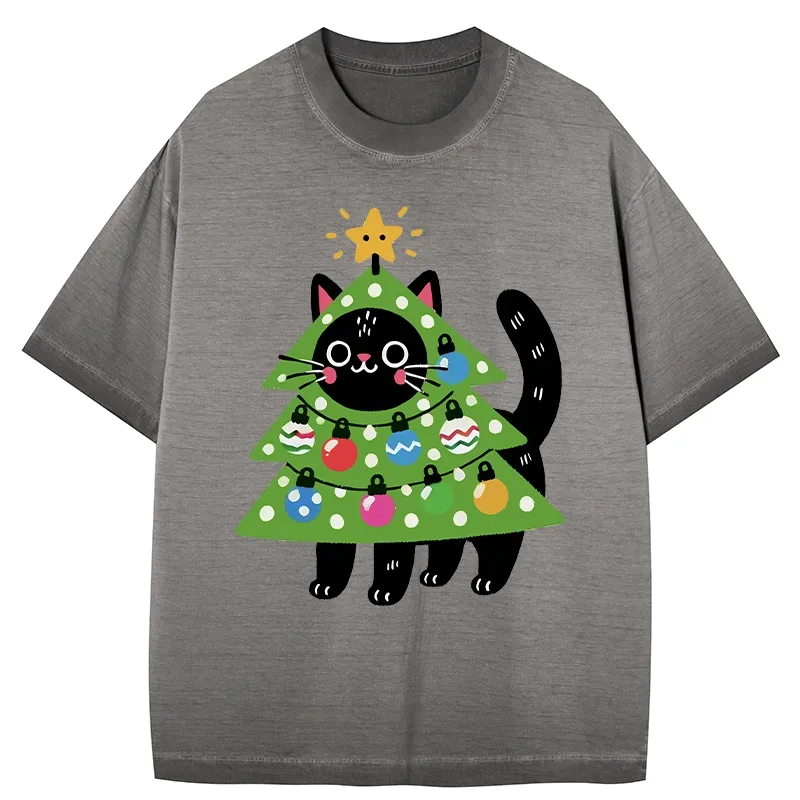 Tokyo-Tiger Christmas Tree Cat Gradient Washed T-Shirt