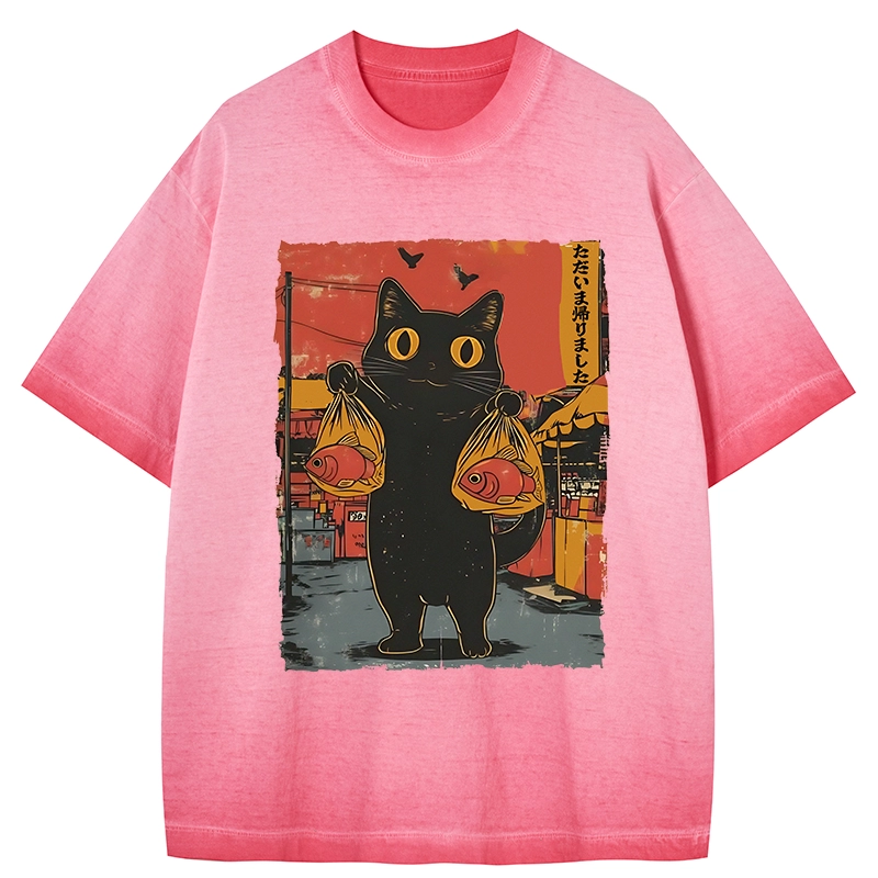 Tokyo-Tiger Cat Fishing Japanese Gradient Washed T-Shirt