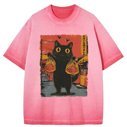 Tokyo-Tiger Cat Fishing Japanese Gradient Washed T-Shirt