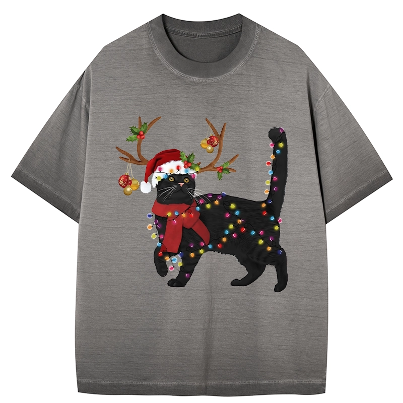 Tokyo-Tiger Christmas Black Cat Gradient Washed T-Shirt
