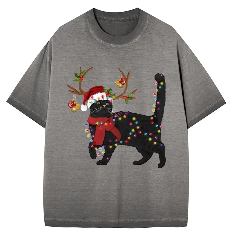 Tokyo-Tiger Christmas Black Cat Gradient Washed T-Shirt